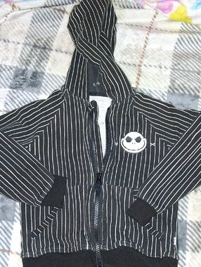 Disney Black and White Pinstripe Hoodie with Skull Patch